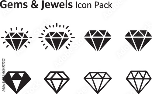 Gems and Jewels Icon Pack Featuring Eight Different Diamond Designs Suitable for Jewelry Store Logos and Luxury Brand Assets