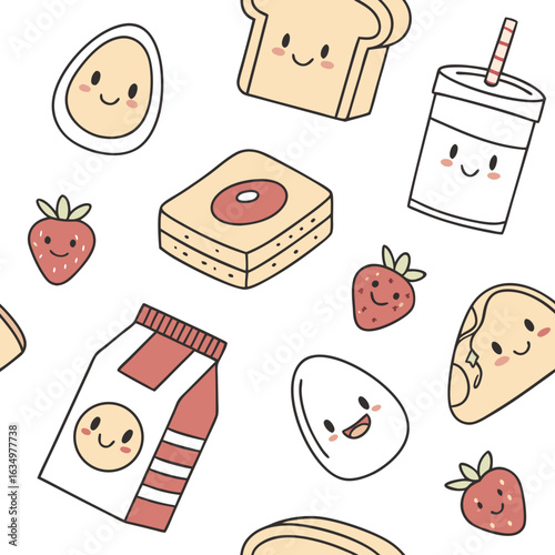 Cute kawaii breakfast food seamless pattern with smiling egg, toast, strawberry, juice, and milk carton for kids and children designs