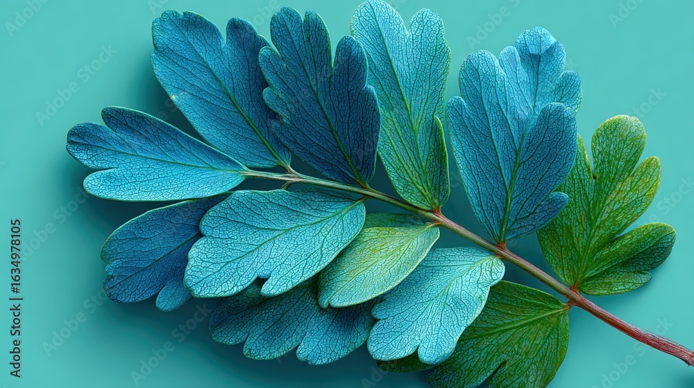 Obraz premium Single sprig of rue with pinnate leaves on pale mint background in minimalist style