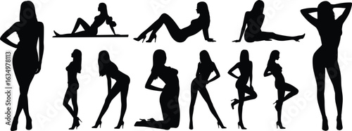 Elegant female silhouettes, fashion poses, black vector design, high heels, artistic stance, stylish women, minimal art, graphic illustration, model icons