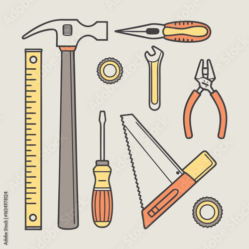  Vector illustration of handyman tools set with hammer, saw, screwdriver, wrench, and essential DIY equipment for construction and repair work