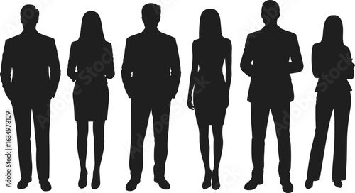 Business team silhouettes, professional group, corporate people, vector illustration, formal attire, teamwork concept, office staff, black graphic, leadership icons