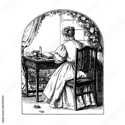 Victorian Lady Reading by the Window – Etching Style