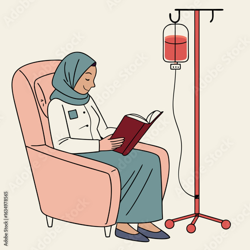 Woman in Hijab Receiving IV Infusion While Reading in Comfortable Chair Medical Illustration