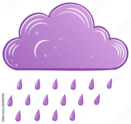 Cartoon illustration of a purple cloud with rain drops falling down