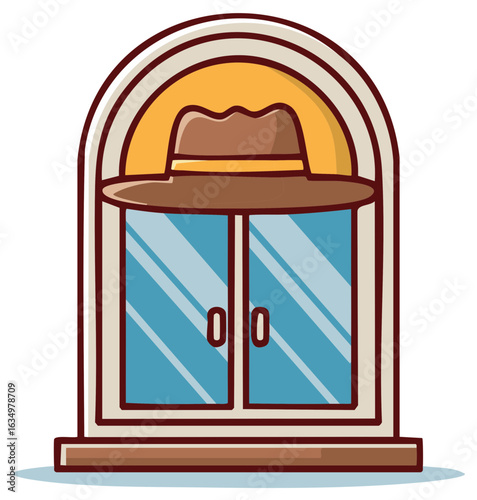 Stylized illustration of a closed double door window with a hat on top