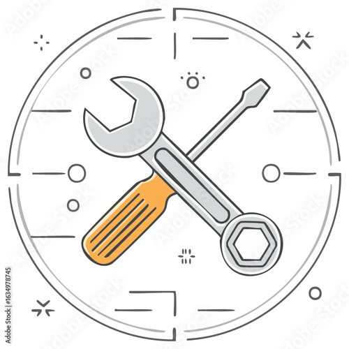 Crossed Wrench and Screwdriver Icon with Abstract Circular Design Elements