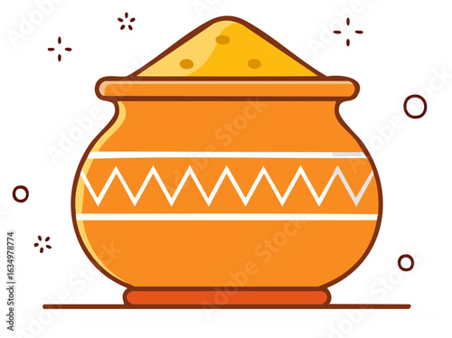 Illustration of a traditional pot with yellow powder for the Indian Holi festival of colors