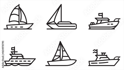 Collection of Nautical Icons Depicting Boats, Yachts, and Marine Vessels for Adventure and Travel Graphics