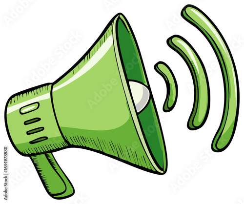 Green megaphone emits sound waves in a cartoon illustration