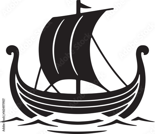 Viking Ship Silhouette with Sail on Water Waves in Black and White on Transparent Background