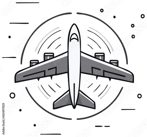 Modern Jet Airplane Flying with Swirling Lines and Dots Illustration