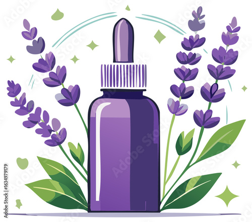 Lavender essential oil dropper bottle with natural purple flowers illustration for aromatherapy and beauty