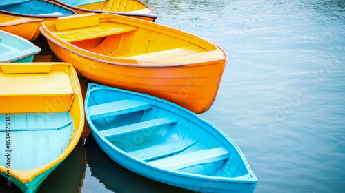 Wallpaper Mural Vibrant and Serene Gathering of Colorful Wooden Rowboats Floating Gently on Calm Blue Lake Water Under Clear Sky Torontodigital.ca