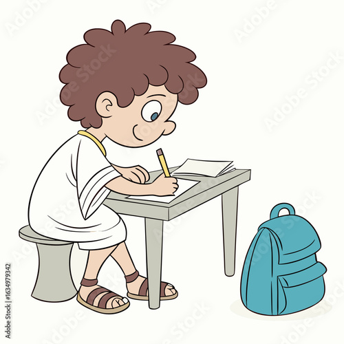 Student Writing at Desk with Backpack Vector - Back to School Educational Resource Design