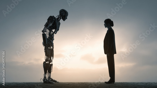 AI ethics debate concept with robot and human silhouettes facing off