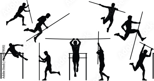 Pole vault silhouette set, athletic motion sequence, sports illustration, dynamic jump poses, track and field design, black vector artwork