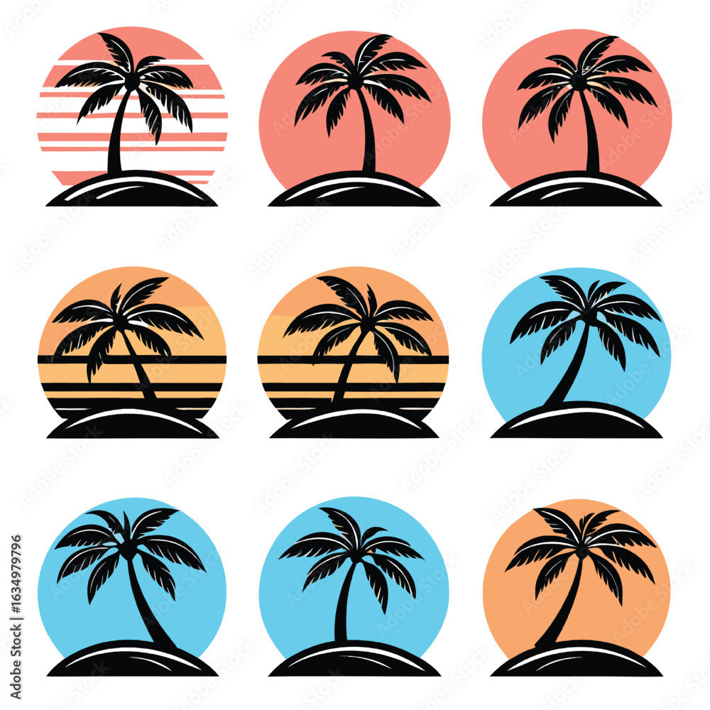 Fototapeta premium Tropical sunset palm tree illustrations in various colors