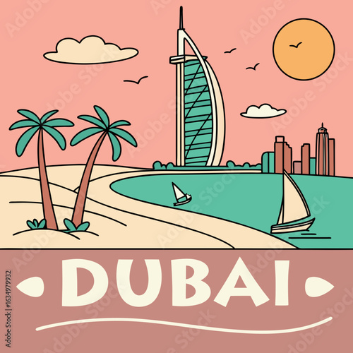  Dubai travel vector illustration featuring Burj Al Arab, palm trees, beach, and skyline for tourism, vacation, and promotion artwork