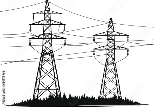 High voltage transmission towers, electricity pylons silhouette, power line infrastructure, rural energy grid, lattice structure, electrical network, utility poles