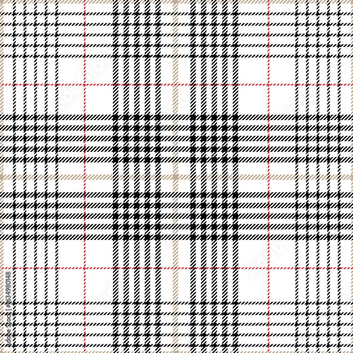 Pied-de-poule seamless pattern in black, red, white and beige. Seamless tartan hounds tooth check plaid graphic for modern textile. Vector EPS 10