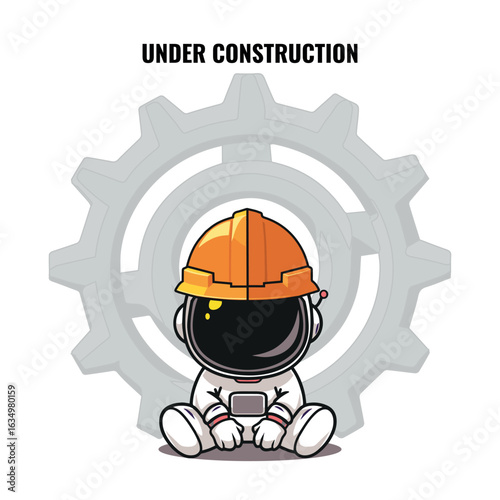 Cute Cartoon astronaut in hard hat sitting in front of a big gear with 