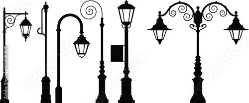 Street lamp silhouette set, vintage lighting design, urban decorative fixtures, classic lamp post collection, architectural elements, ornate outdoor illumination