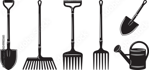 Gardening Equipment Silhouette Set Vector Illustration Shovel Rake Hoe Watering Can Spade