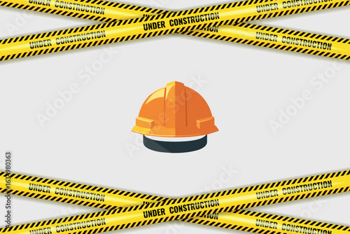 Realistic Under construction yellow tape and helmet