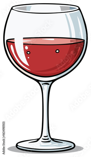 Illustration of a wine glass filled with red wine showing bubbles and reflections