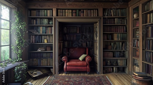 Cozy reading nook with antique bookshelves and red armchair