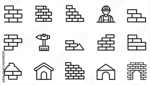 Set of Bricklaying and Construction Icons Representing Building, Masonry, and Architecture Work