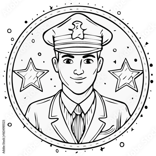 Stylized Portrait of a Friendly Police Officer in a Circular Frame with Stars and Dots