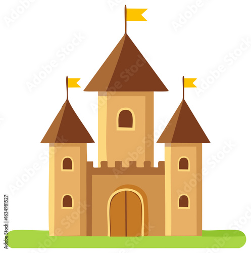 Cartoon Castle with Flags, Towers and Green Base for Kids' Books and Games
