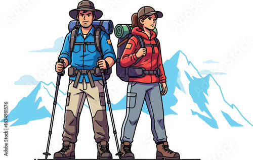 A couple hiking in the mountains with backpacks and hiking poles