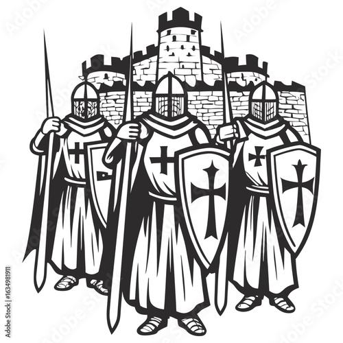 Armored medieval knights with crossed shields standing vigilant near stone castle walls, knightly defense, medieval military prowess, feudal era.