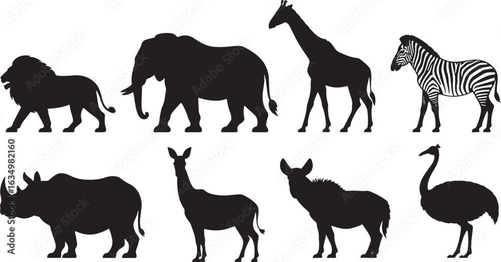 Fototapeta premium African Wildlife Silhouette Collection Diverse Animals Lion Elephant Giraffe Zebra Ostrich Rhino Eland