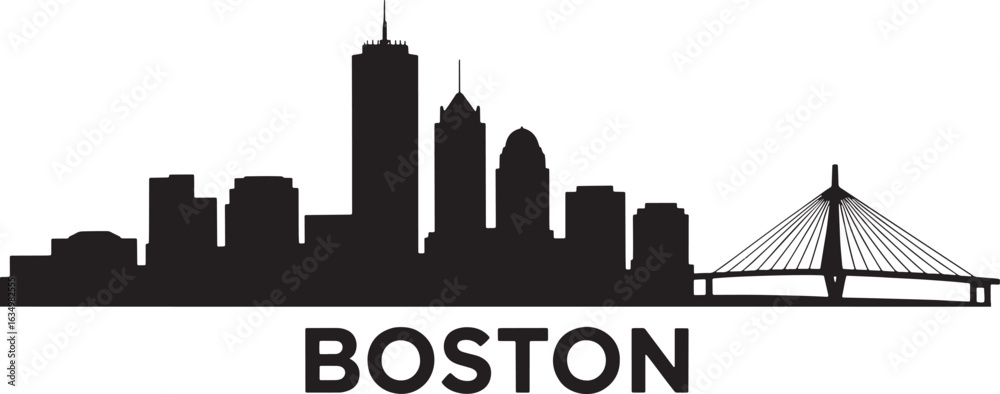 Obraz premium Boston Cityscape Silhouette Vector Illustration with Bridge A Detailed Skyline Depiction of the Urban Scene