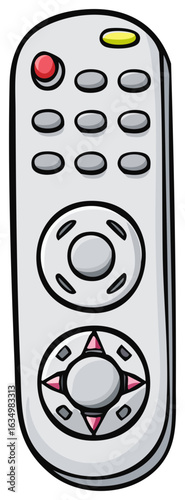 Remote control with buttons and direction pads, illustrated cartoon media player electronic device navigation, multimedia
