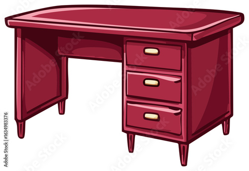 Elegant crimson study desk with three drawers and spacious workspace in retro cartoon design