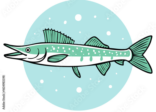 Cartoon Pike Illustration Swimming in Blue Water, Fish Icon, Animal Symbol, Aquatic Wildlife, Undersea, Angling