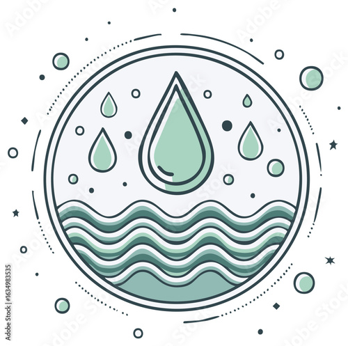 Abstract circular design with water drops and wavy lines, minimalist concept.