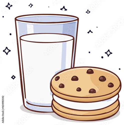 Whimsical glass of milk alongside a delectable sandwich cookie with chocolate chips and creamy filling, cartoon style illustration