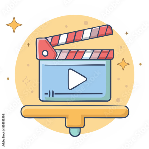 Cinematic Clapperboard with Play Button and Stars Symbolizing Filmmaking and Entertainment