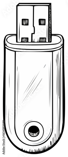Black and White Line Art Illustration of a Flash Drive, Storage Device