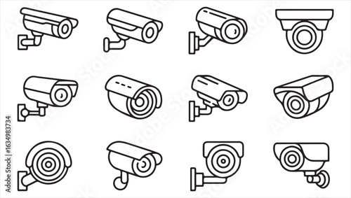 Set of CCTV Camera Icons Representing Security, Surveillance, and Monitoring Systems