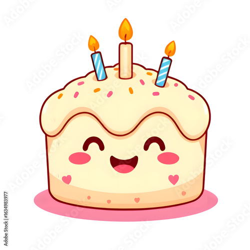Cute birthday cake with happy face kawaii illustration PNG
