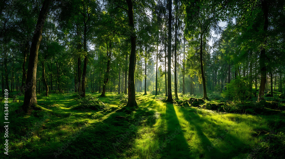 Naklejka premium Verdant forest bathed in golden sunlight casting long shadows across lush green mossy ground woodland