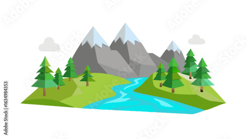 Scenic mountain landscape with river and pine trees vector illustration for outdoor adventure design