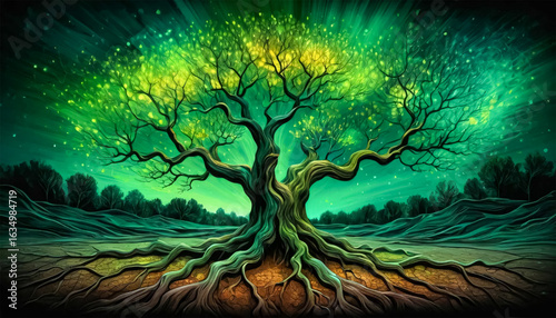 Enchanting tree of life illustration with vibrant green leaves radiating magical light and energy